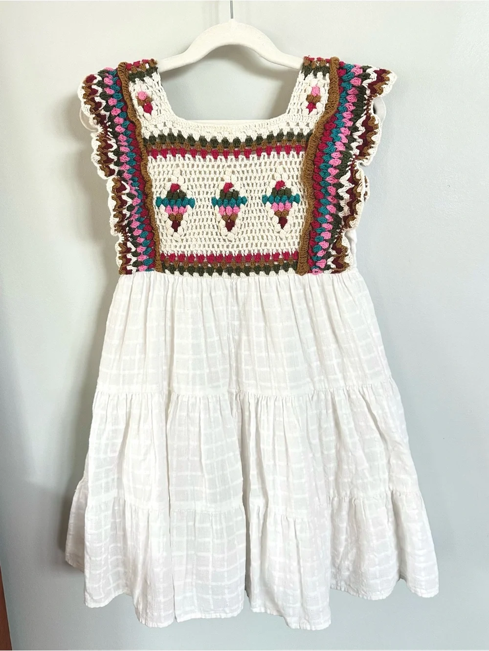 Zara Kids Crochet Granny Square Tiered Dress Size 8 Boho White Multicolor